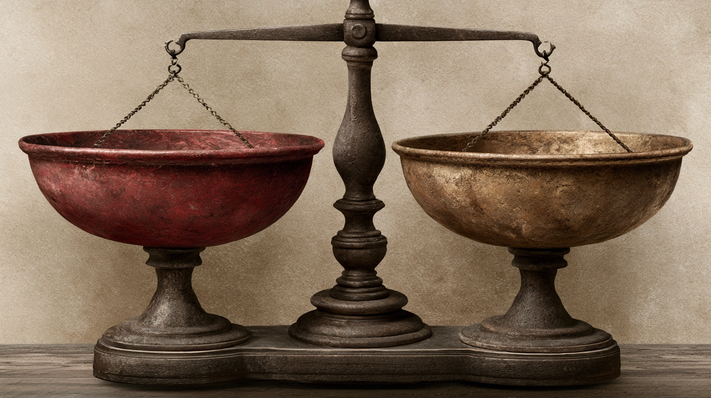 An antique balance scale with one pan heavier than the other