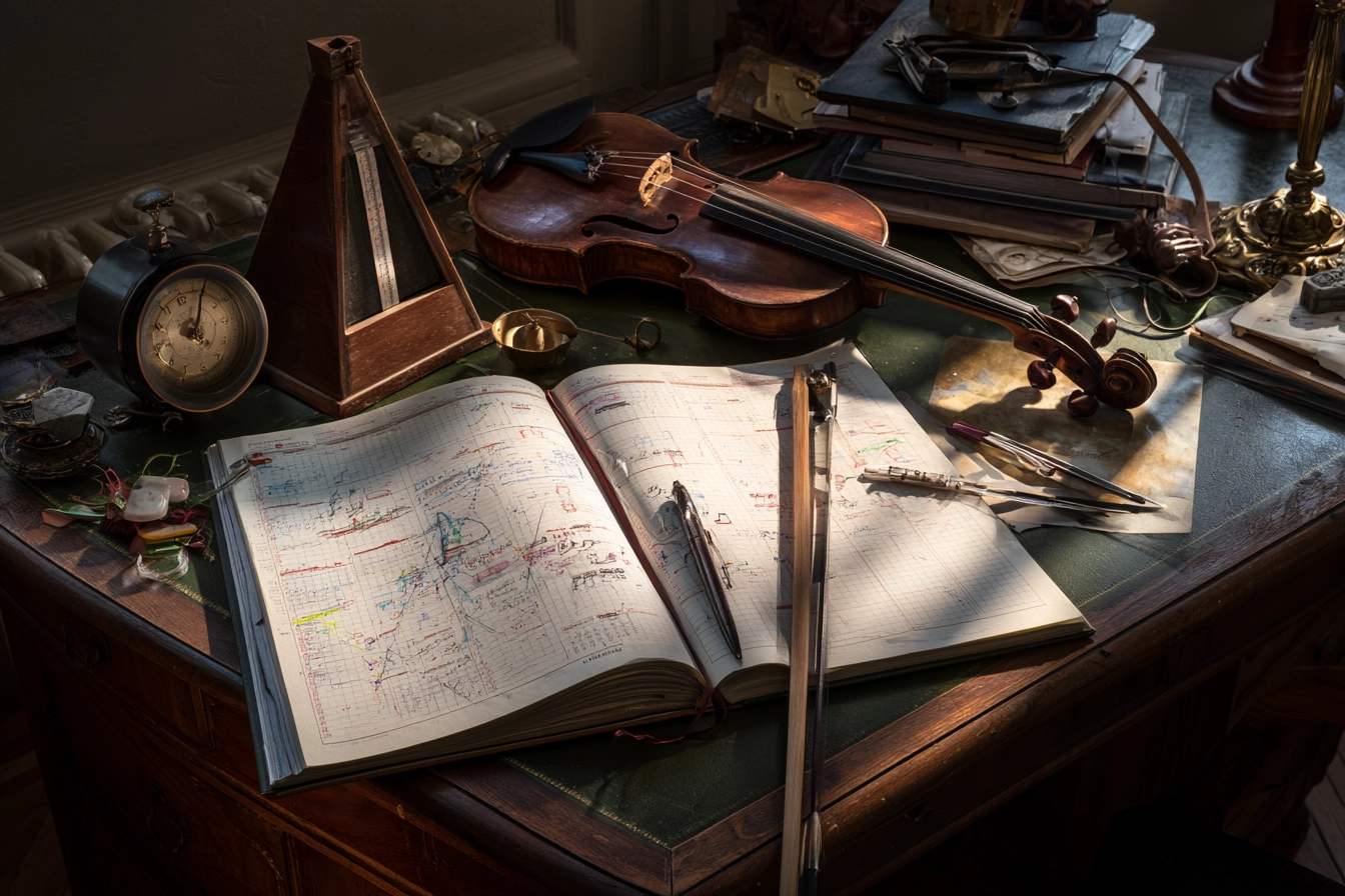 A musician planning at a desk with a calendar and maps